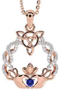 Diamond Sapphire Rose Gold Celtic Claddagh Necklace