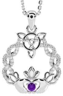 Diamond Amethyst Silver Celtic Claddagh Necklace