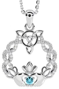 Diamante Água Marinha Prata céltico Claddagh Colar