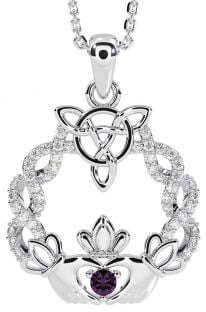 Diamond Alexandrite Silver Celtic Claddagh Necklace