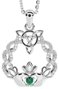 Diamond Emerald Silver Celtic Claddagh Necklace