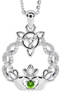 Diamond Peridot Silver Celtic Claddagh Necklace