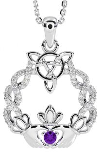 Diamond Amethyst White Gold Celtic Claddagh Necklace