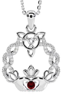 Diamond Garnet White Gold Celtic Claddagh Necklace