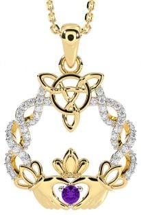 Diamond Amethyst Gold Celtic Claddagh Necklace