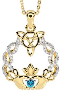 Diamond Topaz Gold Celtic Claddagh Necklace