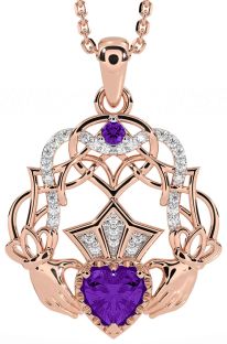 Diamond Amethyst Rose Gold Silver Celtic Claddagh Necklace