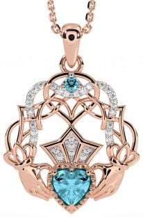 Diamond Aquamarine Rose Gold Silver Celtic Claddagh Necklace