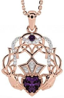 Diamond Alexandrite Rose Gold Silver Celtic Claddagh Necklace