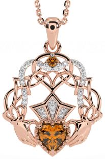 Diamond Citrine Rose Gold Silver Celtic Claddagh Necklace