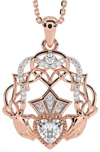 Diamond Rose Gold Silver Celtic Claddagh Necklace