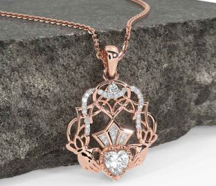 Diamond Rose Gold Silver Celtic Claddagh Necklace