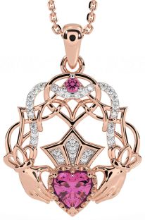 Diamond Pink Tourmaline Rose Gold Silver Celtic Claddagh Necklace