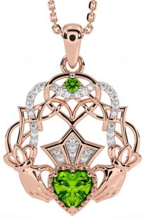 Diamond Peridot Rose Gold Silver Celtic Claddagh Necklace