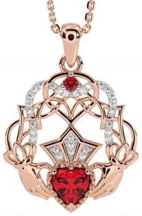 Diamond Ruby Rose Gold Silver Celtic Claddagh Necklace