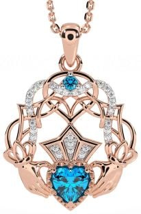 Diamond Topaz Rose Gold Silver Celtic Claddagh Necklace