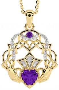 Diamond Amethyst Gold Silver Celtic Claddagh Necklace