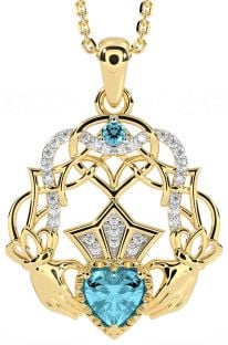 Diamond Aquamarine Gold Silver Celtic Claddagh Necklace