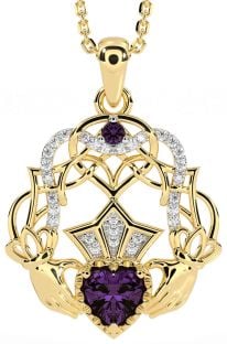 Diamond Alexandrite Gold Silver Celtic Claddagh Necklace