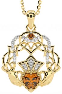 Diamant Citrin Gold Silber keltisch Claddagh Halskette