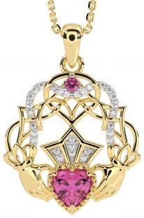 Diamond Pink Tourmaline Gold Silver Celtic Claddagh Necklace