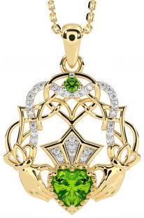 Diamante Peridoto Ouro Prata céltico Claddagh Colar