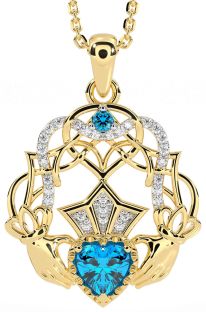 Diamond Topaz Gold Silver Celtic Claddagh Necklace