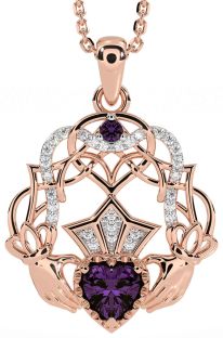 Diamond Alexandrite Rose Gold Celtic Claddagh Necklace