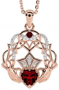 Diamant Grenat Rose Or celtique Claddagh Collier