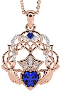 Diamond Sapphire Rose Gold Celtic Claddagh Necklace