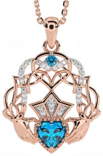 Diamond Topaz Rose Gold Celtic Claddagh Necklace