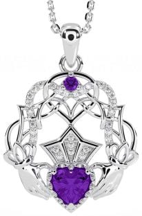 Diamond Amethyst Silver Celtic Claddagh Necklace