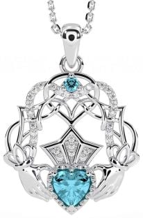 Diamond Aquamarine Silver Celtic Claddagh Necklace