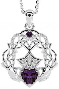 Diamond Alexandrite Silver Celtic Claddagh Necklace