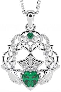 Diamant Smaragd Silber keltisch Claddagh Halskette