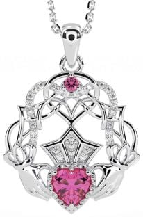 Diamond Pink Tourmaline Silver Celtic Claddagh Necklace