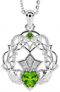 Diamond Peridot Silver Celtic Claddagh Necklace