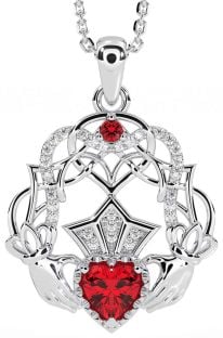 Diamond Ruby Silver Celtic Claddagh Necklace