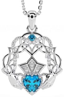 Diamond Topaz Silver Celtic Claddagh Necklace