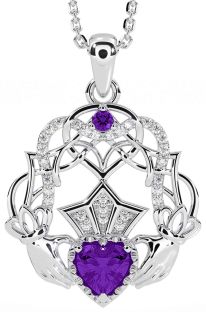 Diamond Amethyst White Gold Celtic Claddagh Necklace