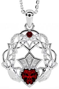 Diamond Garnet White Gold Celtic Claddagh Necklace