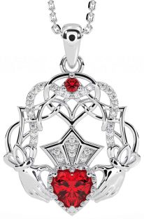 Diamond Ruby White Gold Celtic Claddagh Necklace