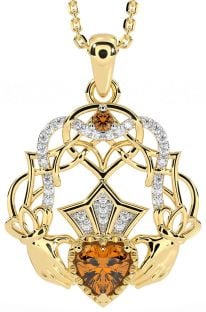 Diamond Citrine Gold Celtic Claddagh Necklace