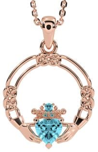 Aquamarine Rose Gold Silver Celtic Claddagh Necklace