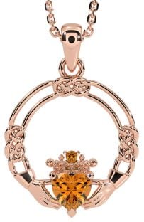 Citrine Rose Gold Silver Celtic Claddagh Necklace