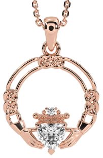 Diamond Rose Gold Silver Celtic Claddagh Necklace