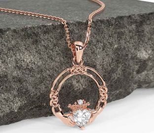 Diamond Rose Gold Silver Celtic Claddagh Necklace