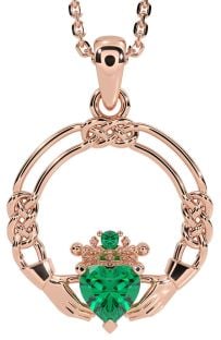 Emerald Rose Gold Silver Celtic Claddagh Necklace