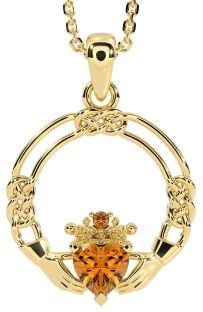 Citrine Gold Silver Celtic Claddagh Necklace