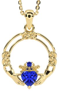 Sapphire Gold Silver Celtic Claddagh Necklace